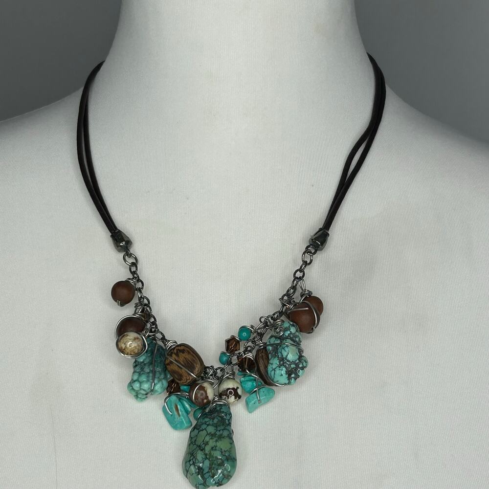 Handmade OOAK Turquoise Wood Swarovski Crystal Necklace Silver Chain 20”